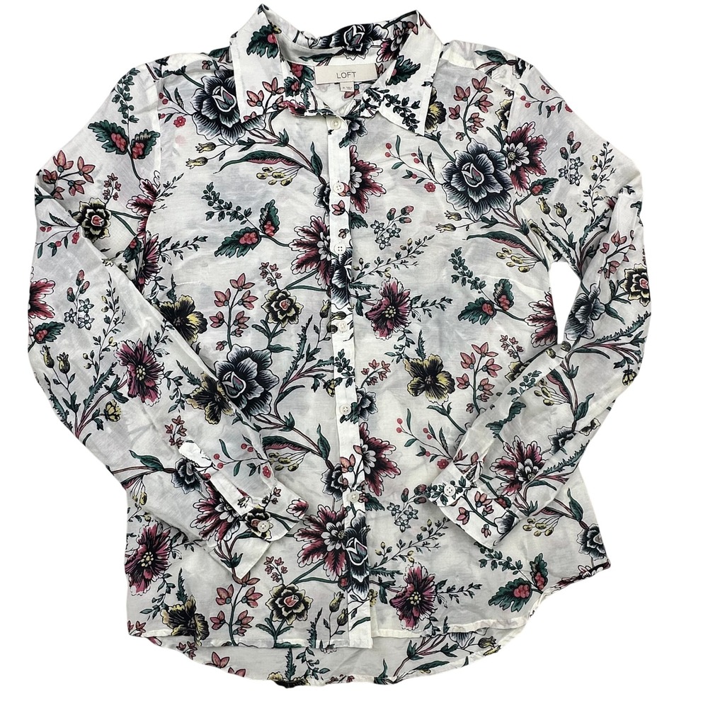 LOFT Womens White Floral Silk Cotton Blend‎ Button Down Shirt Long Sleeve Size M